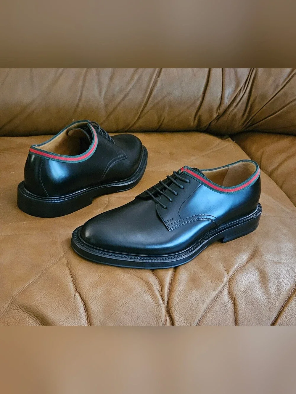 New Men's Gucci Black Leather Bumble Bee Derby Oxford Dress Shoes Size 5